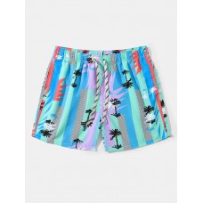 Men Palm Tree Colorful Geometric Mesh Inside Beachwear Shorts