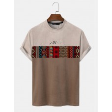 Mens Vintage Geometric Pattern Patchwork Mock Neck Short Sleeve T  Shirts